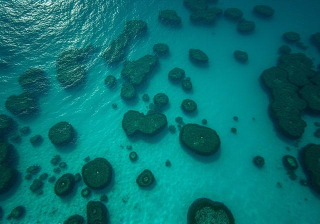 Aerial view of vibrant coral reefs and turquoise water