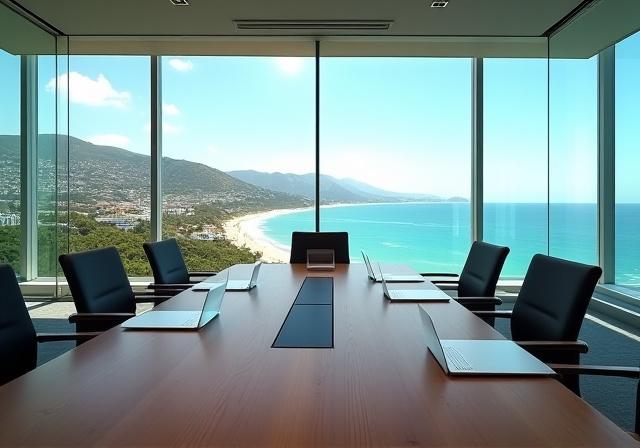 Modern boardroom overlooking a coastal city
